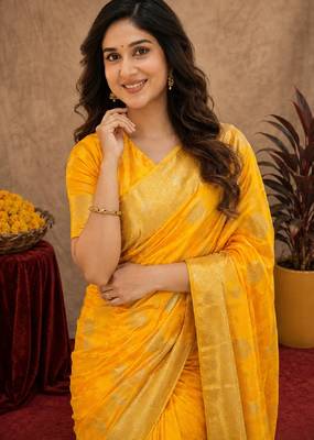 yellow silk blend with jari weave work saree with unstitched blouse piece 5
