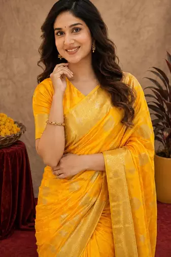 yellow silk blend with jari weave work saree with unstitched blouse piece
