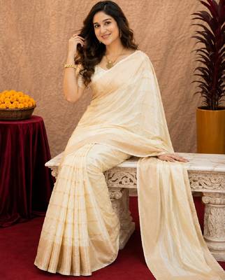 white silk blend with jari weave work saree with unstitched blouse piece 1