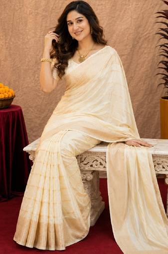 white silk blend with jari weave work saree with unstitched blouse piece