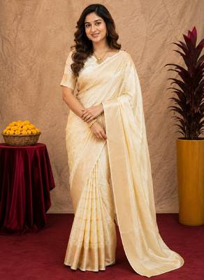 white silk blend with jari weave work saree with unstitched blouse piece 2