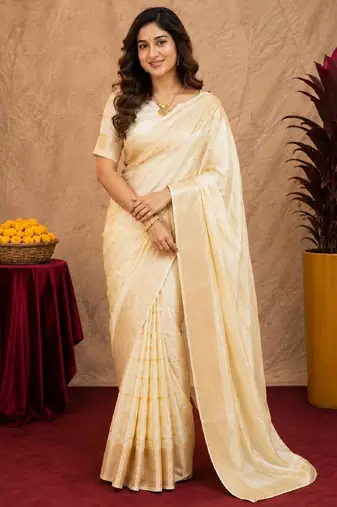 white silk blend with jari weave work saree with unstitched blouse piece