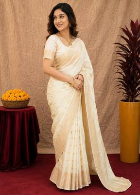 white silk blend with jari weave work saree with unstitched blouse piece 3