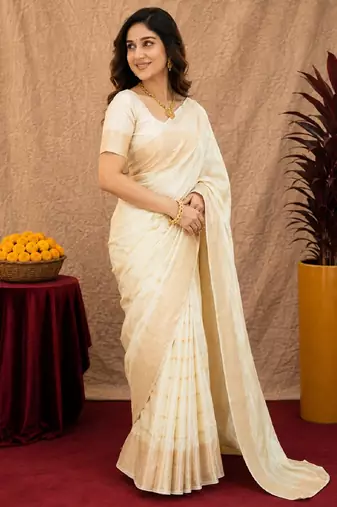 white silk blend with jari weave work saree with unstitched blouse piece
