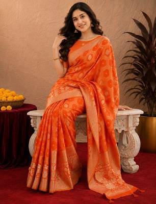 orange silk blend with jari weave work saree with unstitched blouse piece 1