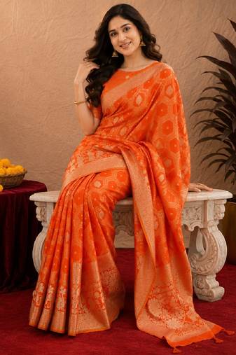 orange silk blend with jari weave work saree with unstitched blouse piece