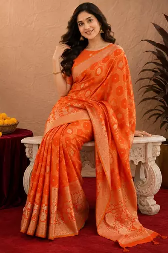 orange silk blend with jari weave work saree with unstitched blouse piece