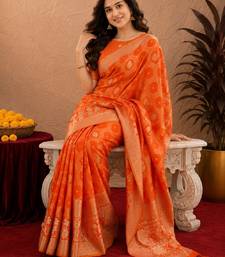 orange silk blend with jari weave work saree with unstitched blouse piece