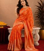 orange silk blend with jari weave work saree with unstitched blouse piece