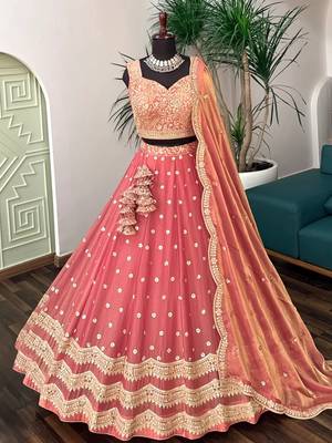 PEACH silk blend EMBROIDERY LEHENGA CHOLI WITH DUPATTA 1