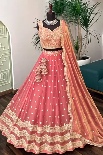 PEACH silk blend EMBROIDERY LEHENGA CHOLI WITH DUPATTA