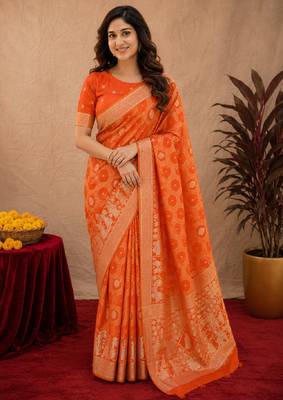 orange silk blend with jari weave work saree with unstitched blouse piece 2