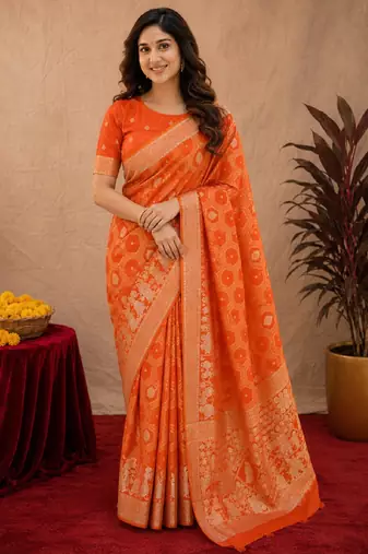 orange silk blend with jari weave work saree with unstitched blouse piece