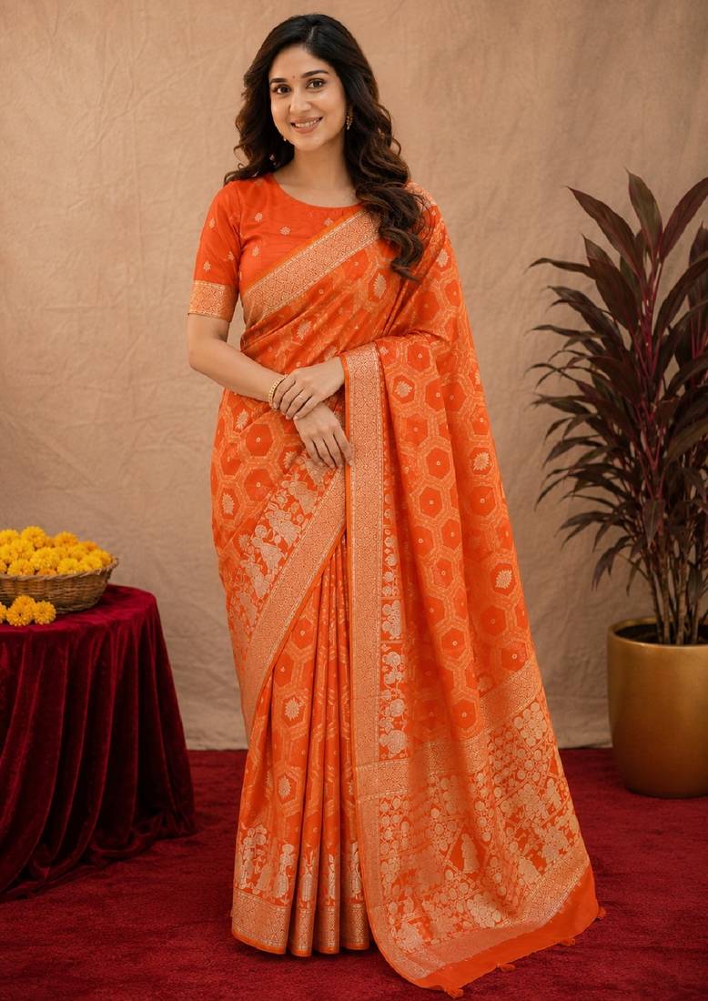 orange silk blend with jari weave work saree with unstitched blouse piece
