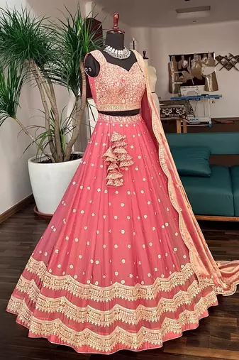 PEACH silk blend EMBROIDERY LEHENGA CHOLI WITH DUPATTA