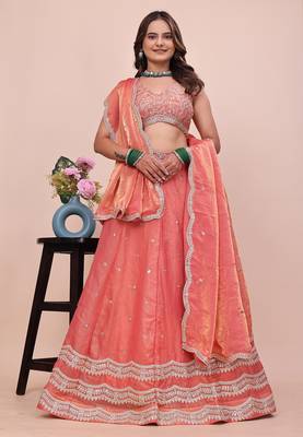 PEACH silk blend EMBROIDERY LEHENGA CHOLI WITH DUPATTA 3