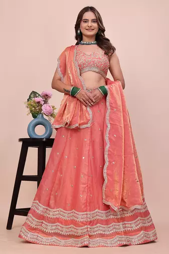 PEACH silk blend EMBROIDERY LEHENGA CHOLI WITH DUPATTA