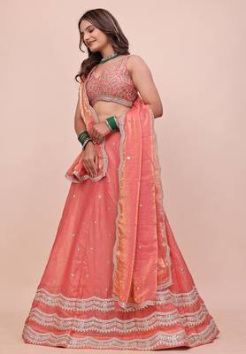 PEACH silk blend EMBROIDERY LEHENGA CHOLI WITH DUPATTA 4