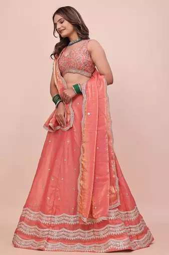 PEACH silk blend EMBROIDERY LEHENGA CHOLI WITH DUPATTA