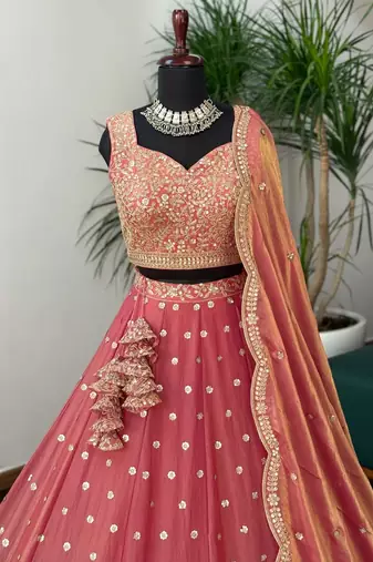 PEACH silk blend EMBROIDERY LEHENGA CHOLI WITH DUPATTA