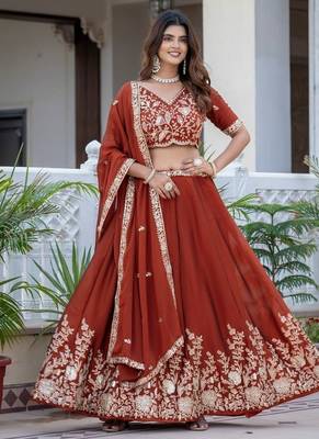 DARK ORANGE SILK  EMBROIDERY PARTY WEAR LEHENGA CHOLI  1