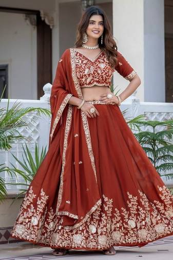DARK ORANGE SILK  EMBROIDERY PARTY WEAR LEHENGA CHOLI 