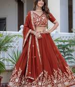 DARK ORANGE SILK  EMBROIDERY PARTY WEAR LEHENGA CHOLI 