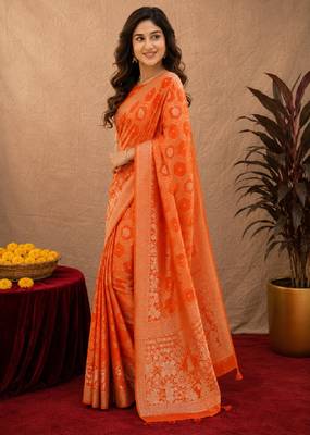 orange silk blend with jari weave work saree with unstitched blouse piece 3