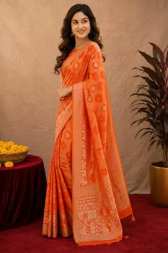 orange silk blend with jari weave work saree with unstitched blouse piece