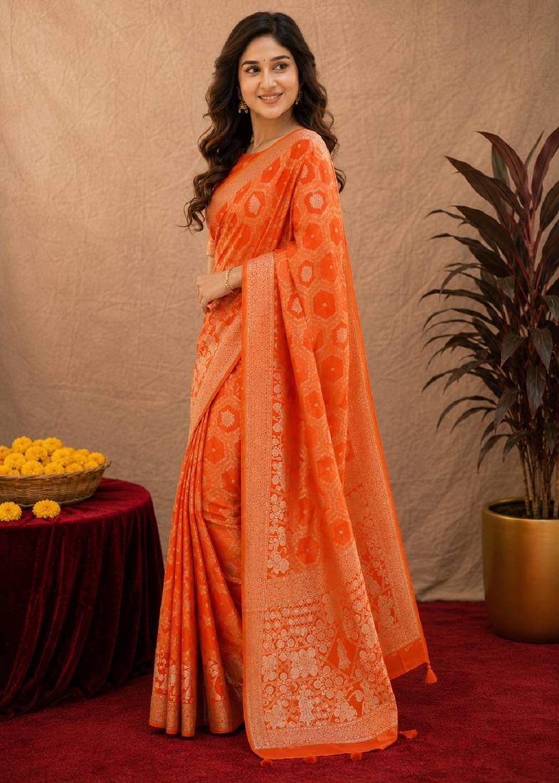 orange silk blend with jari weave work saree with unstitched blouse piece
