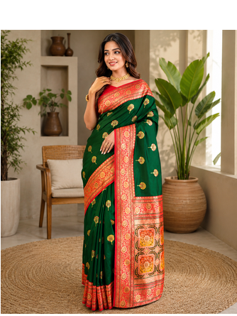dark green color intricate color thread weaving design rich weaving pallu benarasi silk blend sarees 1