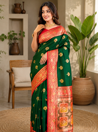 dark green color intricate color thread weaving design rich weaving pallu benarasi silk blend sarees