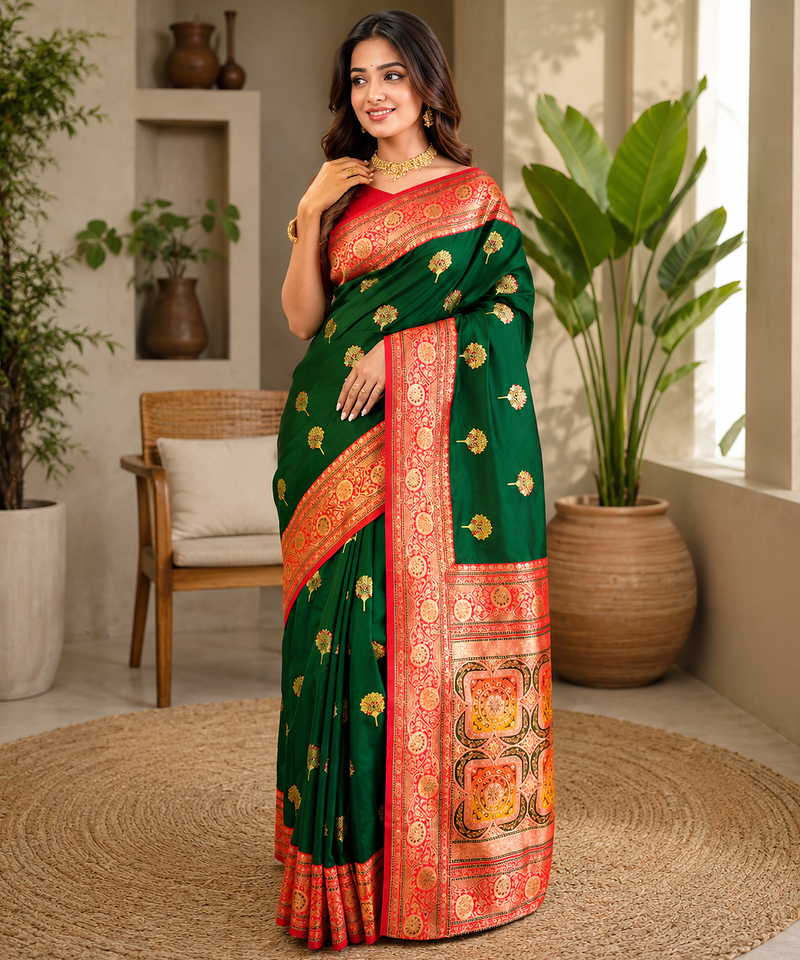 dark green color intricate color thread weaving design rich weaving pallu benarasi silk blend sarees