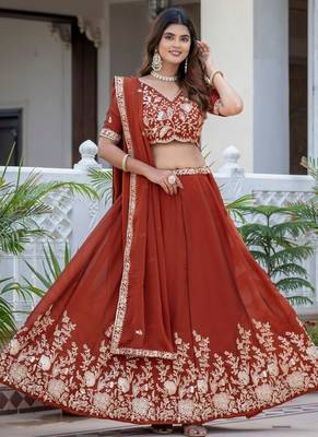 DARK ORANGE SILK  EMBROIDERY PARTY WEAR LEHENGA CHOLI  2