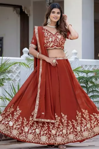 DARK ORANGE SILK  EMBROIDERY PARTY WEAR LEHENGA CHOLI 