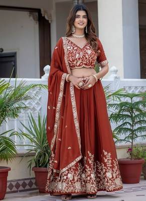 DARK ORANGE SILK  EMBROIDERY PARTY WEAR LEHENGA CHOLI  3