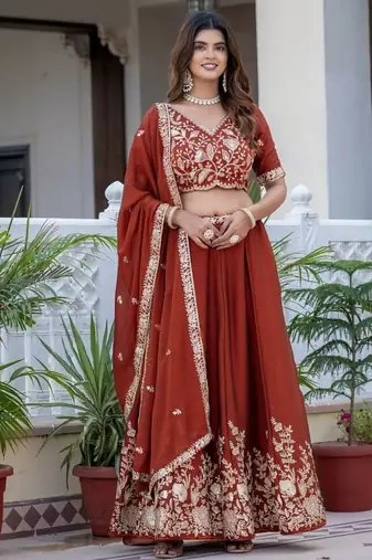 DARK ORANGE SILK  EMBROIDERY PARTY WEAR LEHENGA CHOLI 