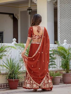 DARK ORANGE SILK  EMBROIDERY PARTY WEAR LEHENGA CHOLI  4