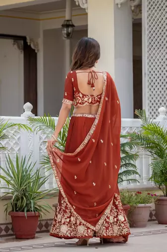 DARK ORANGE SILK  EMBROIDERY PARTY WEAR LEHENGA CHOLI 