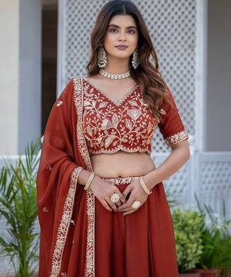 DARK ORANGE SILK  EMBROIDERY PARTY WEAR LEHENGA CHOLI  5