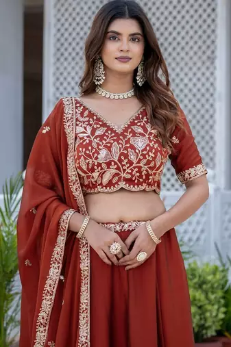 DARK ORANGE SILK  EMBROIDERY PARTY WEAR LEHENGA CHOLI 
