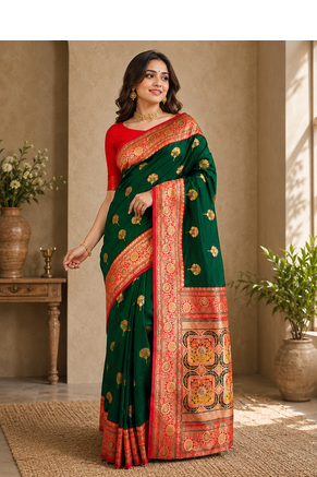 dark green color intricate color thread weaving design rich weaving pallu benarasi silk blend sarees 2