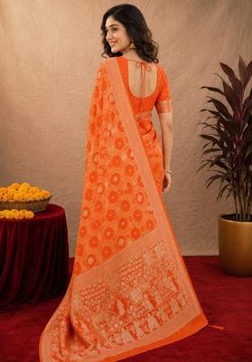 orange silk blend with jari weave work saree with unstitched blouse piece 4