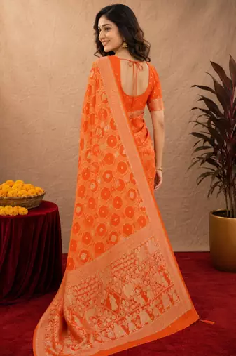 orange silk blend with jari weave work saree with unstitched blouse piece