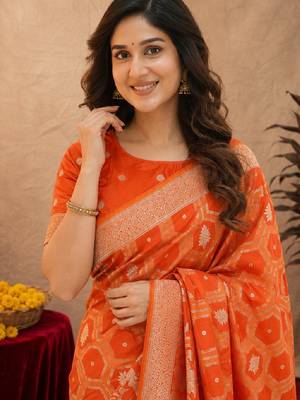 orange silk blend with jari weave work saree with unstitched blouse piece 5
