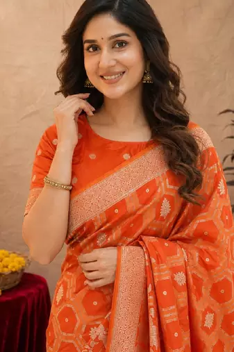 orange silk blend with jari weave work saree with unstitched blouse piece