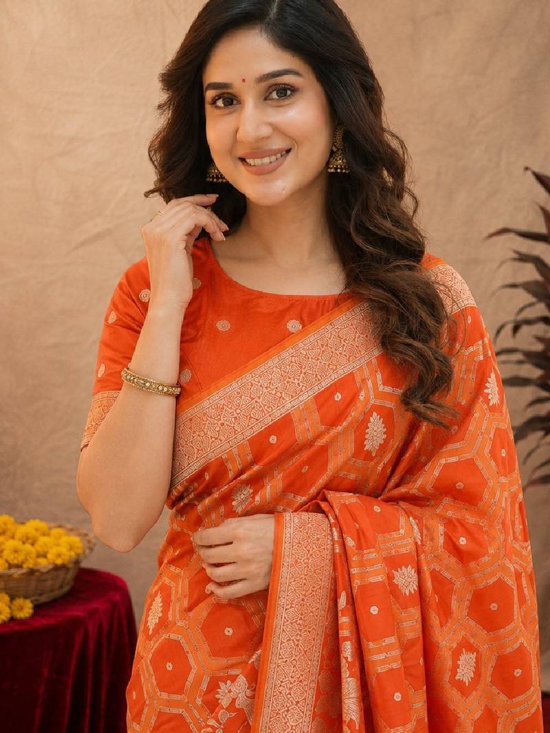 orange silk blend with jari weave work saree with unstitched blouse piece