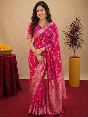 pink silk blend with jari weave work saree with unstitched blouse piece 1