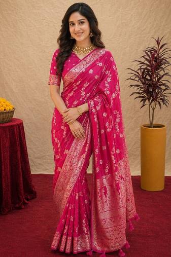 pink silk blend with jari weave work saree with unstitched blouse piece