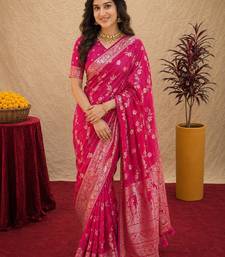 pink silk blend with jari weave work saree with unstitched blouse piece